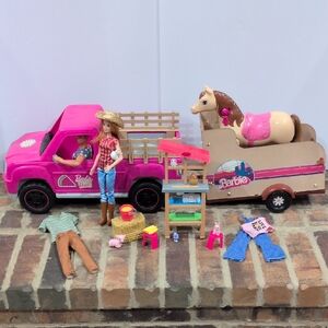Farm Barbie And Ken With Truck and Rare Horse Trailer Set